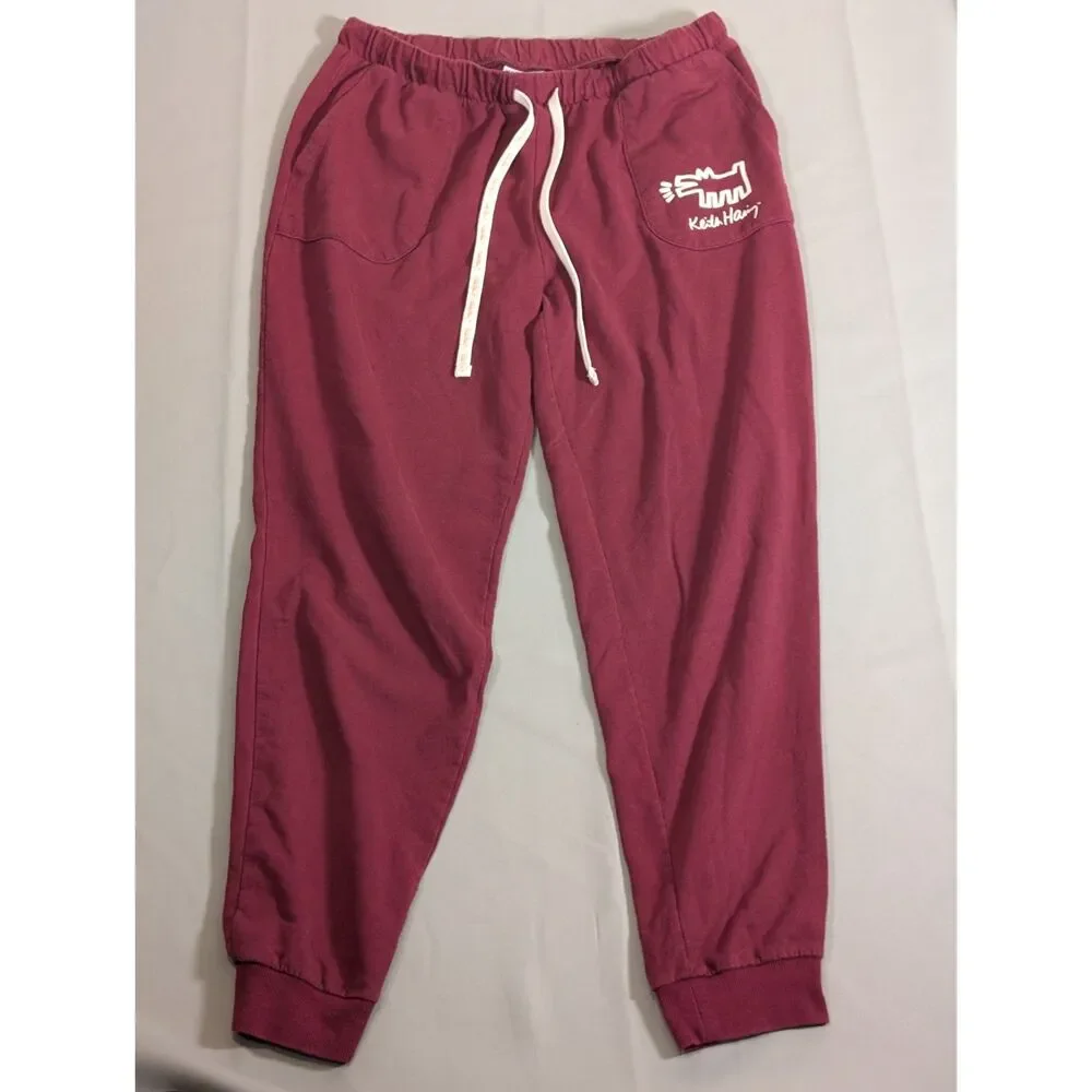 Keith Haring Burgundy Jogger Pants Men's Small Graphic Logo Drawstring Casual  D